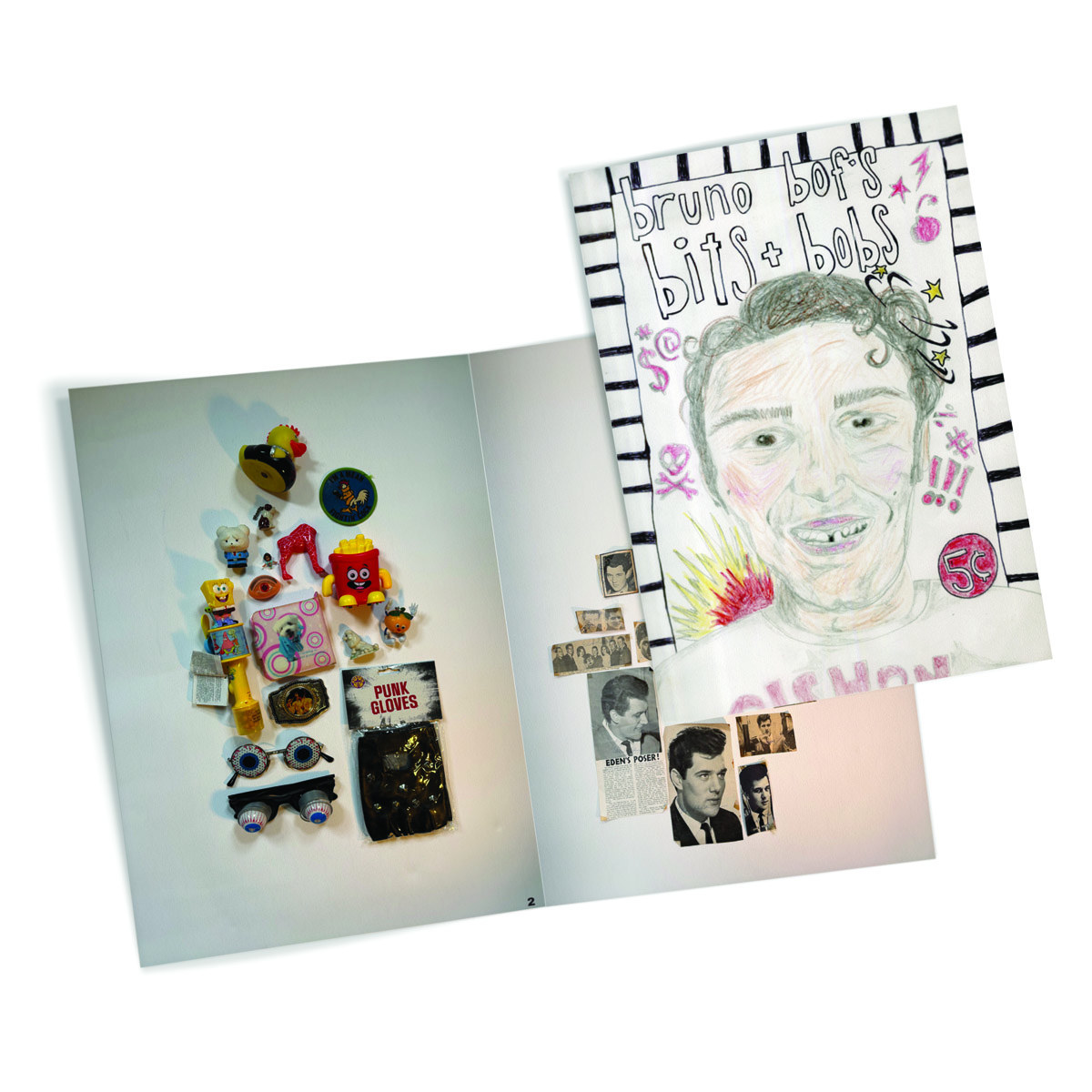 Inside Bruno Bof's Bits and Bobs zine — a spread of found objects